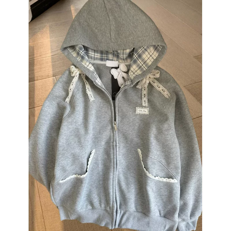 Качественный хлопковый кружевной светшот с бантом, худи, oversize