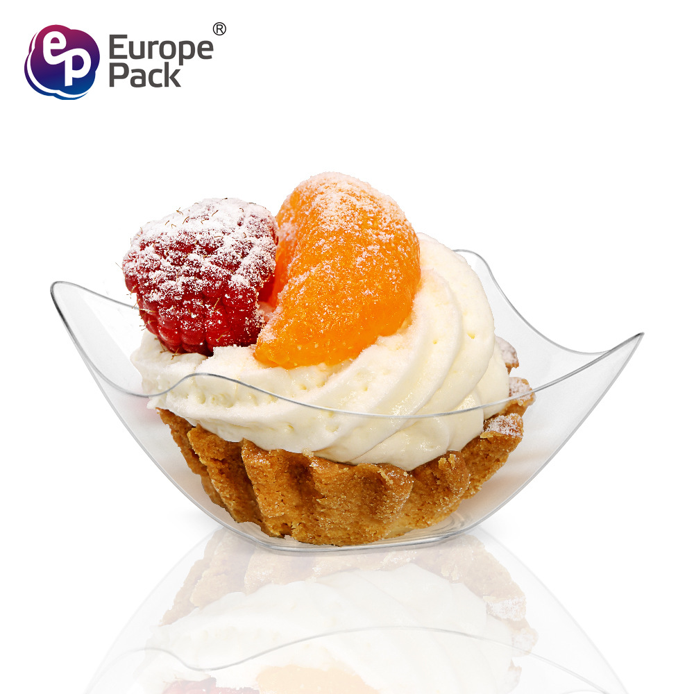 跨境亚马逊PS硬塑料 80ml小花型甜品四方透明碗碟加勺子