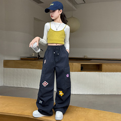 2025年秋新作 女の子用カジュアル花柄オーバーオール 子供用ゆったりスポーツパンツ ベビー用ロングパンツ