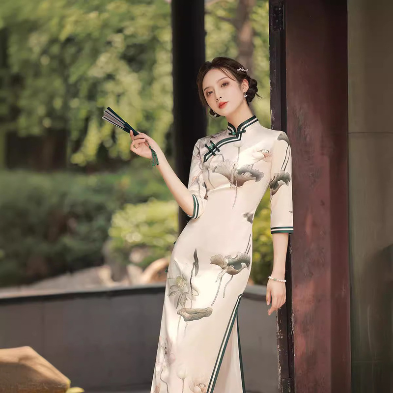 Improved Version New 2022 cheongsam autumn women's three-quarter sleeve elegant dress long traditional cheongsam temperament