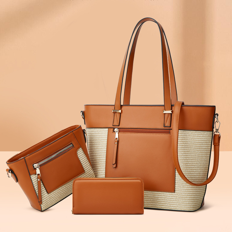 2025 New Tote Cross-Border Patchwork Color Woven Handbag Crossbody Bag Three-Piece Set_voghion.com