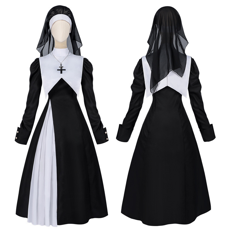 European and American Easter Nun Dress, Black and White Contrasting Long Dress, Halloween Role-Playing Stage Cosplay Costume