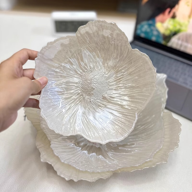 北欧现代花朵果盘沙拉盘珠光玻璃水果盘套装高颜值简约糖果零食盘|undefined