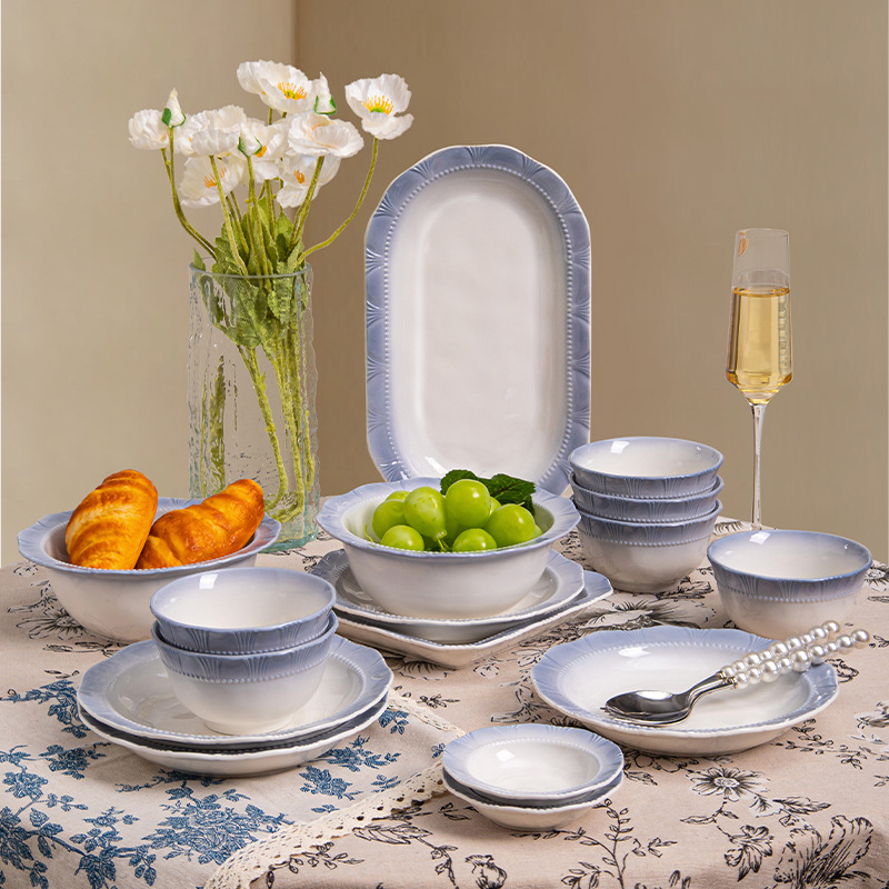 Conjunto de platos franceses azules de humo domésticos al por mayor tazón de arroz de reubicación de regalo de lujo cubiertos de cerámica de sopa tazón disco image 1