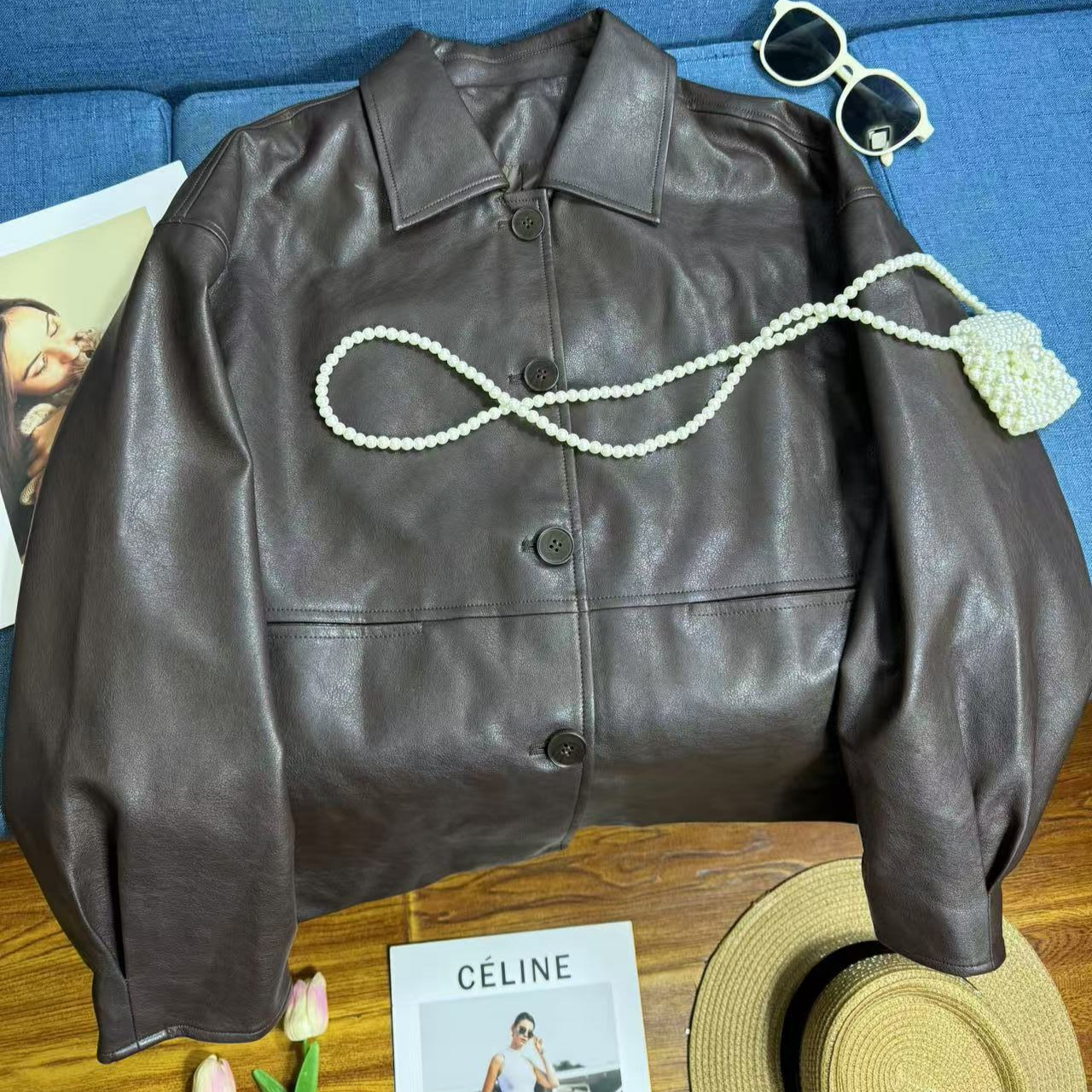 Modern Age French Style Black Short Leather Coat Spring and Autumn New Versatile Retro Casual Brown Coat for Women