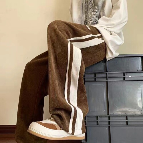 Striped Corduroy Pants for Men—Spring and Autumn Style, American-Style High-Street Sports Trousers—Men's Loose Straight-Leg Casual Pants
