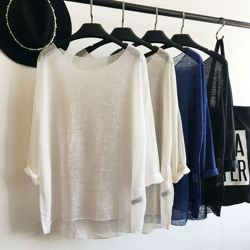 Summer casual round-neck long-sleeve versatile T-shirt for women, sun-protective knitted loose-fitting thin cover-up, slightly sheer top, air-conditioning shirt Summer casual round-neck long-sleeve versatile T-shirt for women, sun-protective knitted loose-fitting thin cover-up, slightly sheer top, air-conditioning shirt