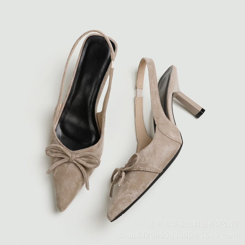 Cross-Border Shipping Sweet Bow-Knot Pointed-Toe Back-Strap High-Heeled Sandals, Versatile Suede Slimming Stiletto High-Heeled Sandals