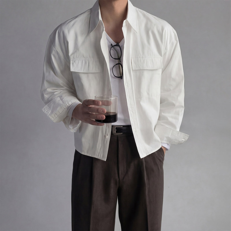 White Short Workwear Shirt with Large Pockets for Men, Spring and Autumn American-Style Cleanfit High-Intelligence Shirt Jacket