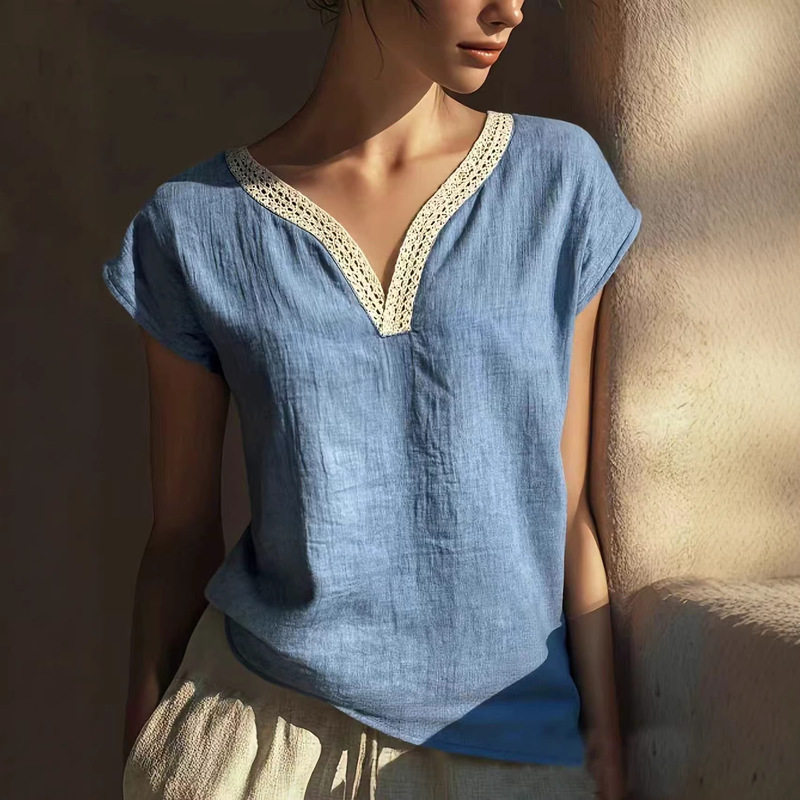 2026 New Cross-Border European and American Women's Elegant Bohemian Summer Retro Lace V-Neck Blended Cotton and Linen Shirt 2026 New Cross-Border European and American Women's Elegant Bohemian Summer Retro Lace V-Neck Blended Cotton and Linen Shirt