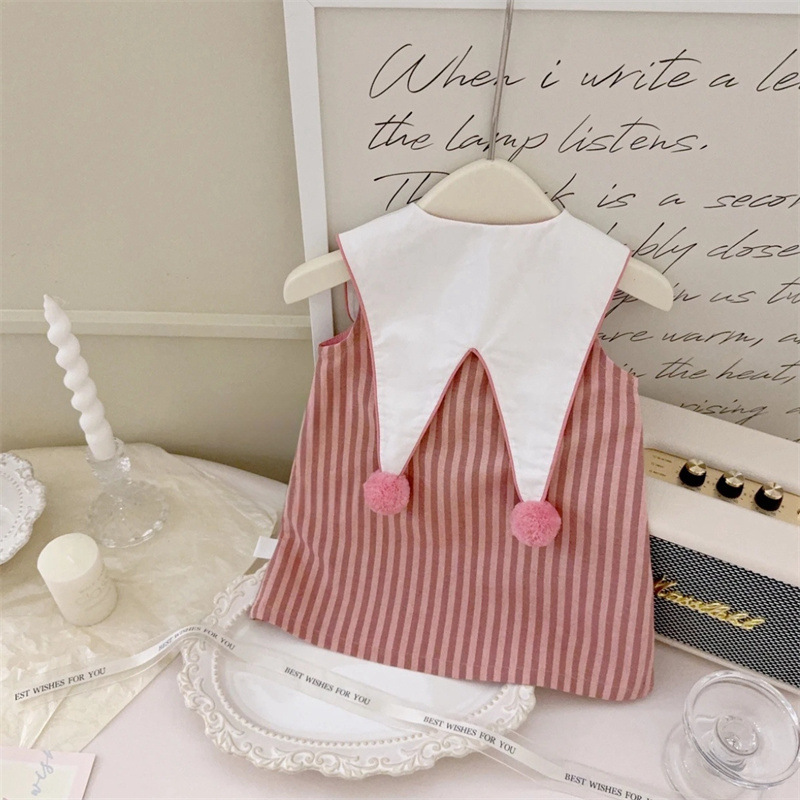 ¡Ciao Yan Qi es muy lindo! Bebé femenino con solapa bola rayas vestido sin mangas verano nuevo vestido universitario