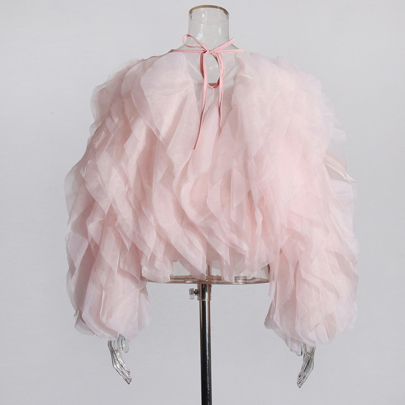 K Elegant Temperament Short Solid Color Top New High-end Round Neck Multi-layer Ruffle Edge Splicing Shirt_voghion.com