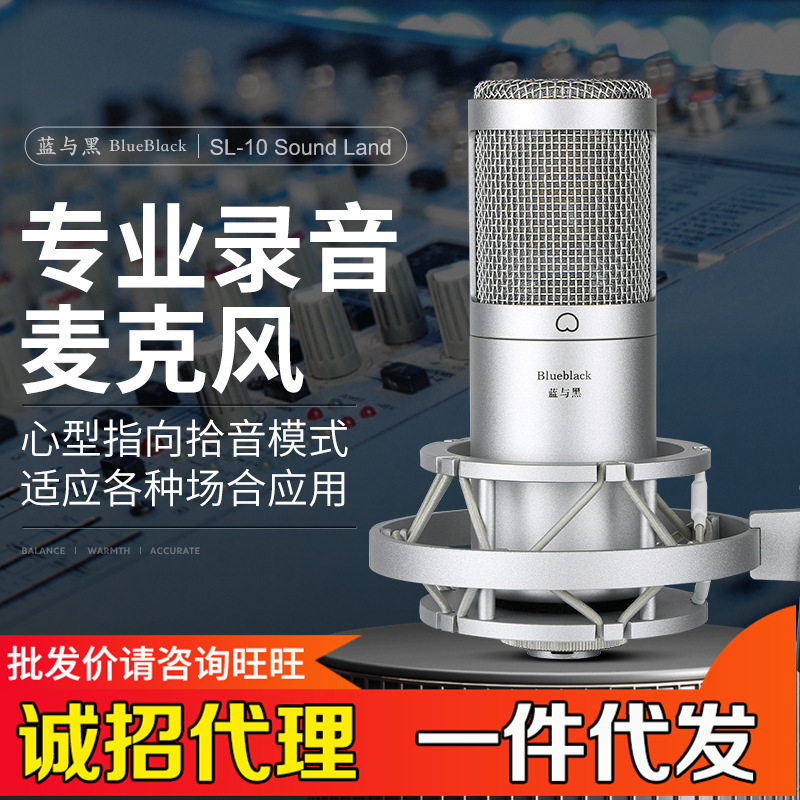 Blue and black SL-10 large diaphragm condenser microphone 48v heart-shaped live audio book recording external sound card set
