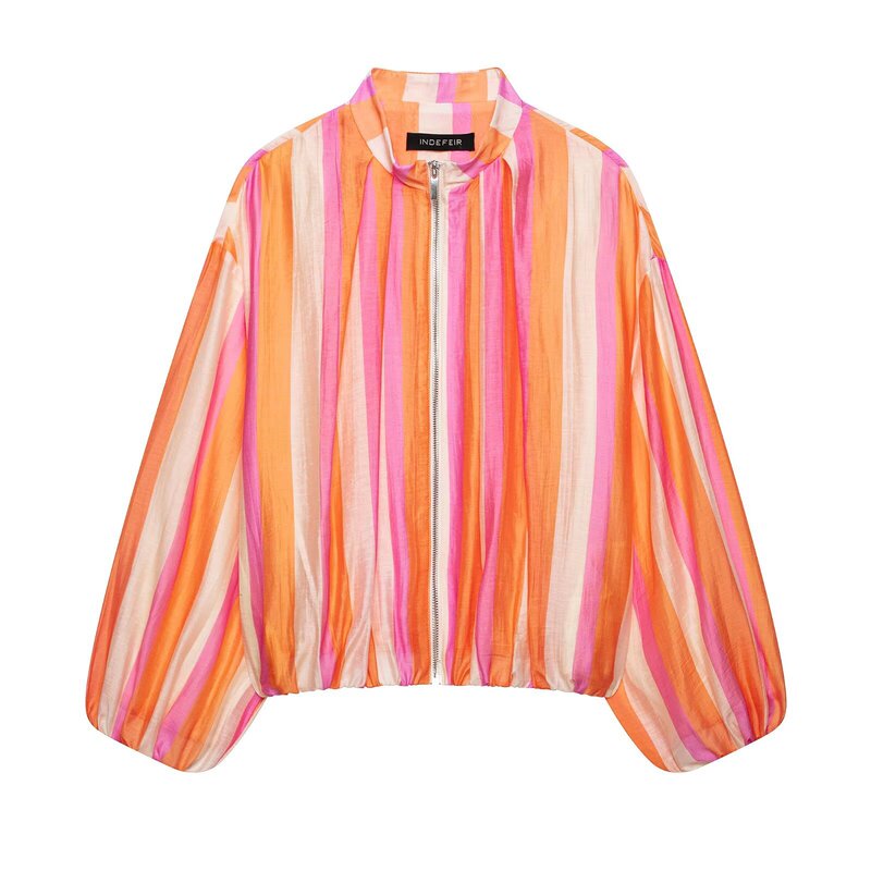 Pb&Za Cross-Border Foreign Trade New Women's Fashion Stand-Up Collar Long-Sleeved Striped Bomber Jacket 7782343 Pb&Za Cross-Border Foreign Trade New Women's Fashion Stand-Up Collar Long-Sleeved Striped Bomber Jacket 7782343