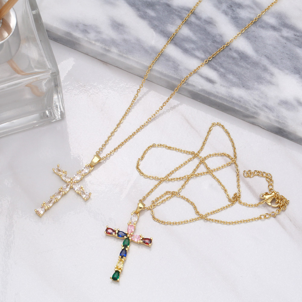 simple retro copper zircon cross pendent long sweater chain