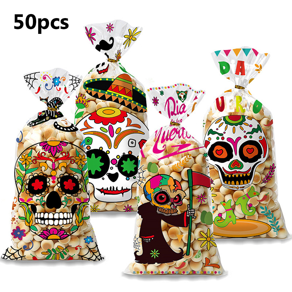 50个装墨西哥亡灵节糖果礼品袋万圣节骷髅头零食OPP平口袋分装