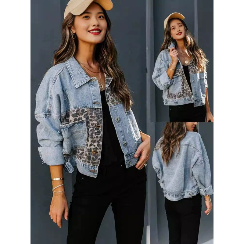 AliExpress Amazon джинсовая куртка Женская длинная рукавная независимая станция Европейская и Американская леопардовая сплайная джинсовая куртка Женская