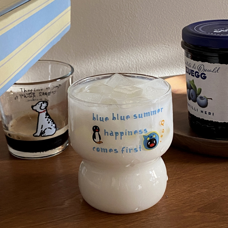 自制夏季可爱企鹅玻璃杯 小众ins简约高高硼硅水杯 耐高温|undefined