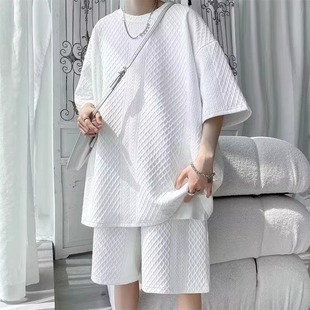 American Sportswear Men's Suit Summer Youth Waffles Short-sleeved Shorts Two-piece Casual Wear Collocation Set