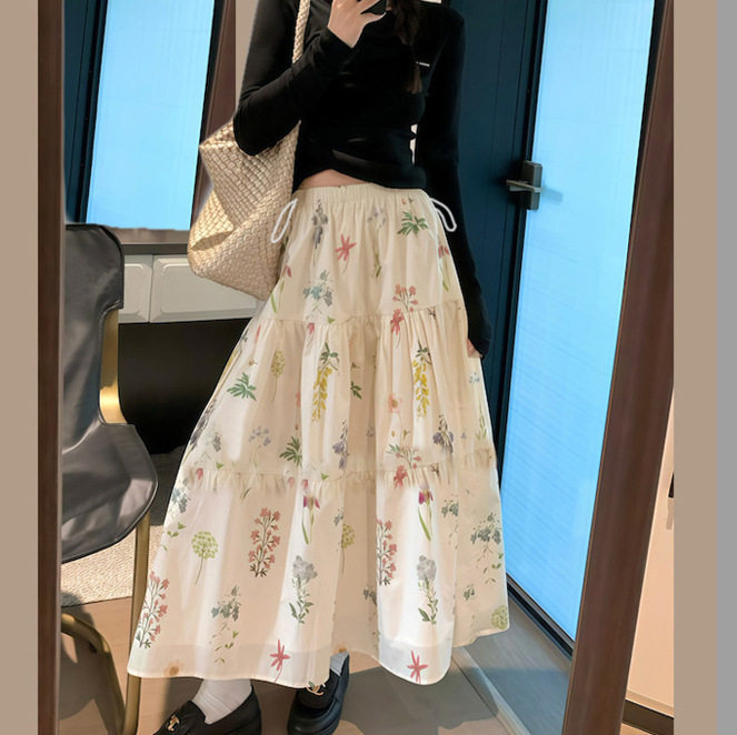 Summer Thin Romantic Floral Skirt for Pregnant Women Pregnant Women Loose Slimming All-match Mid-length A- line Skirt Drawstring Waist