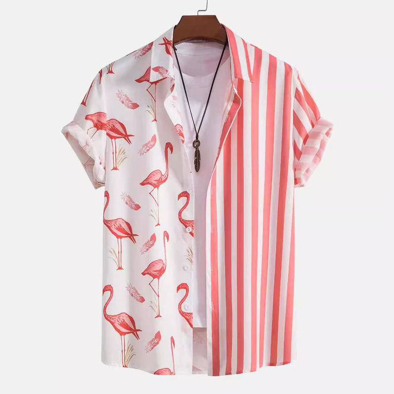 European and American Foreign Trade Hawaiian Flamingo Stripe Stitching 3D Printing Men's Short-sleeved Lel Pocket Shirt with Straight Hair