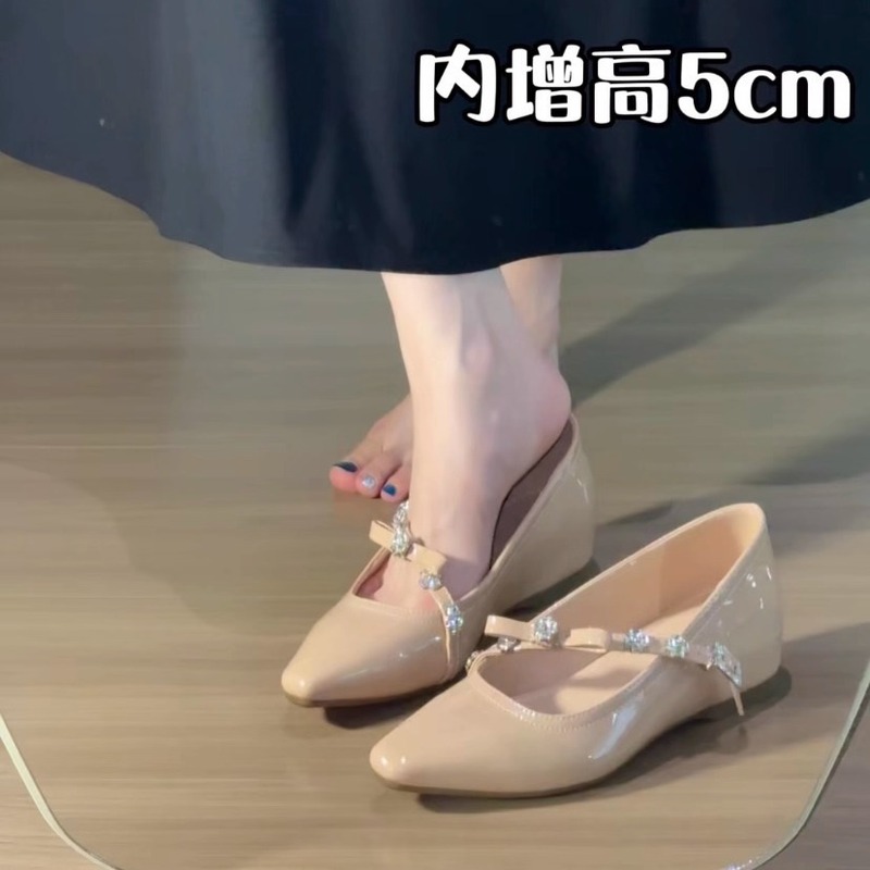 内增高5cm裸色气质尖头水钻单鞋女真皮新款软底百搭平底玛丽珍鞋|undefined