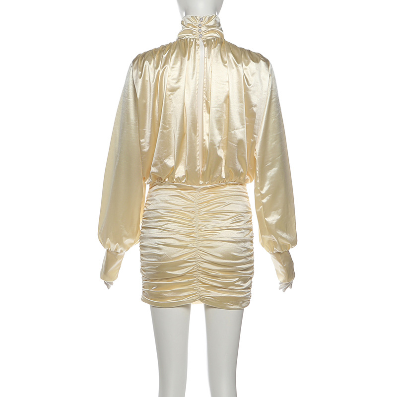 Autumn Winter High Collar Pleated Long Sleeve Solid Color Sheath Short Dress