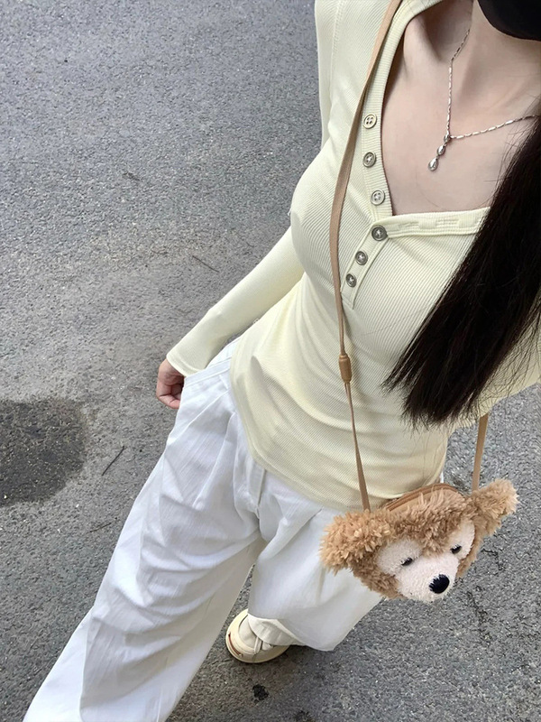 美式甜辣V领设计感小众长袖T恤女秋季新款小个子正肩修身显瘦上衣|undefined