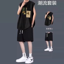 夏季无袖坎肩纯棉T背心男生搭配纯棉短裤青少年潮流休闲运动套装