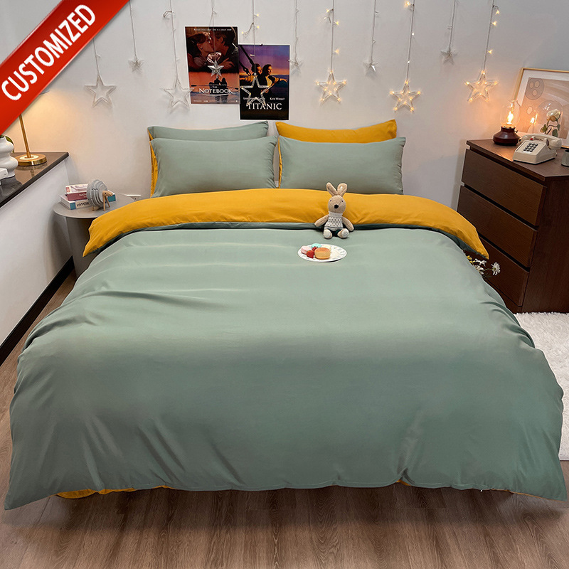 Juego de sábanas de algodón lavado cepillado de cuatro piezas, estilo primavera y otoño, color liso sencillo, juego de cama de alta gama, lujo personalizado al por mayor.