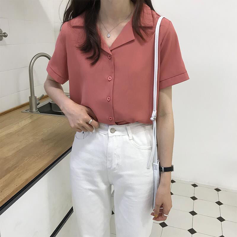 春装学院风复古韩版职业西装领翻学生夏季短袖衬衫女纯色上衣|undefined