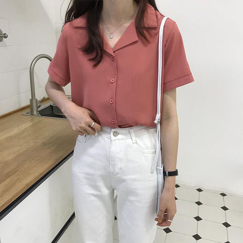 Spring clothes, preppy style, retro Korean professional suit collar, turned over students 'summer short-sleeved shirt, women's pure color top