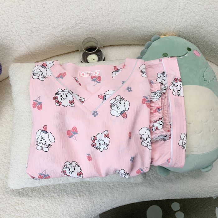 Vietnam transfronterizo transmisión en vivo estilo caliente verano con cuello en V nube pijamas de algodón pantalones de manga corta para mujer traje de servicio a domicilio para estudiantes de dibujos animados