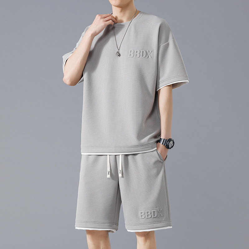 Waffle Summer tallas grandes casual traje de tendencia de manga corta para niños, transpirable, versátil, guapo, suelto, deportivo de dos piezas