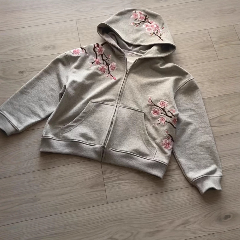 Cross-Border Flower Embroidered Zipper Hooded Sweatshirt for Men and Women, Street Fashion Autumn and Winter Loose European and American Casual Jackets Cross-Border Flower Embroidered Zipper Hooded Sweatshirt for Men and Women, Street Fashion Autumn and Winter Loose European and American Casual Jackets