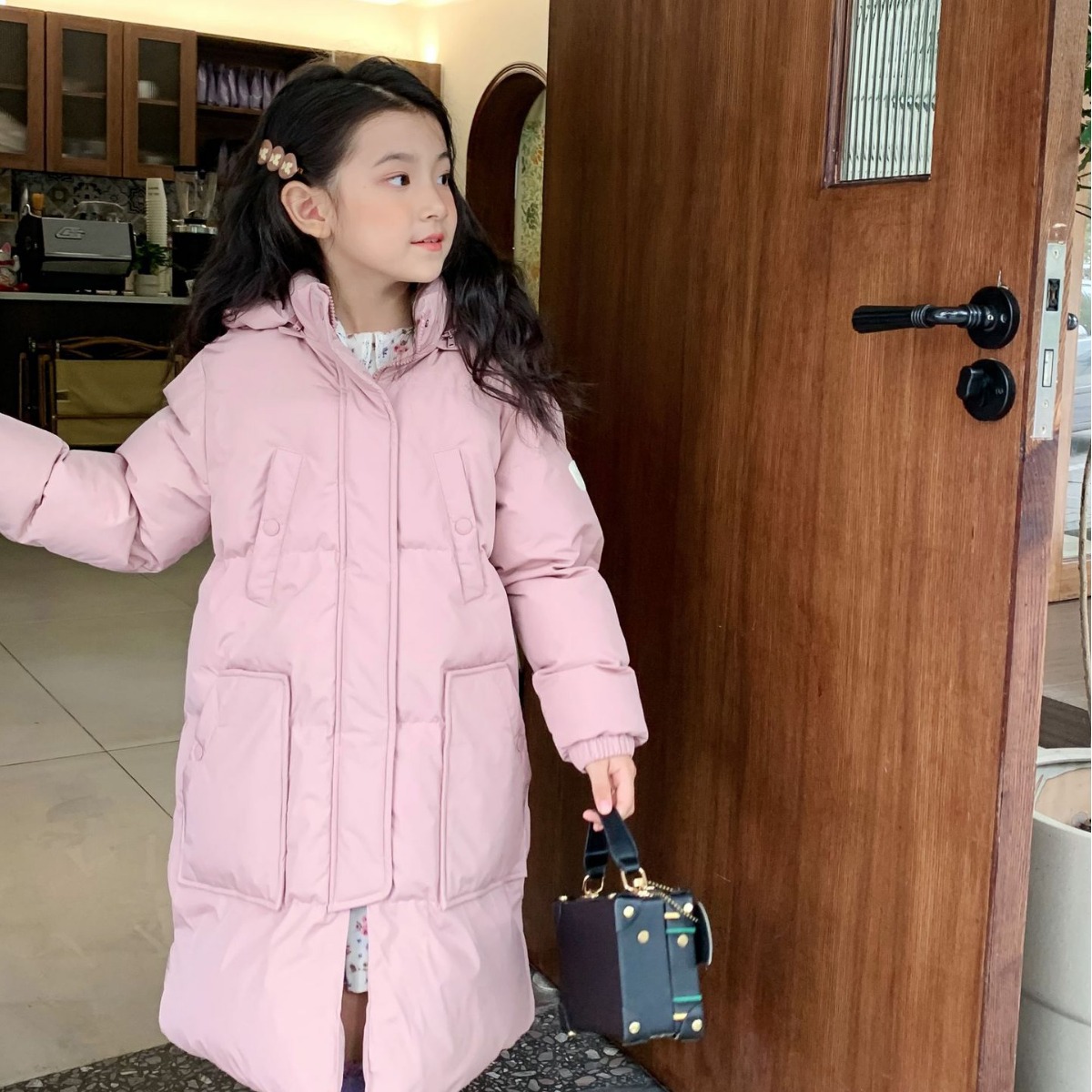 秋冬女童皮粉色长款加厚羽绒服儿童90白鸭绒保暖外套