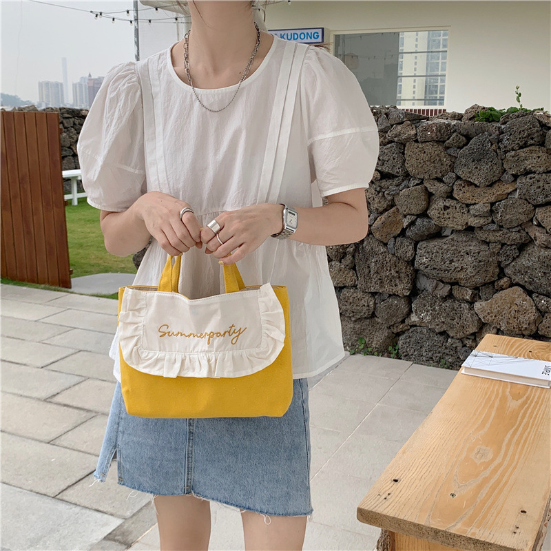 1441 Japanese and Korean chic Sweet ruffled bento Bag, Fresh embroidered hand-held small cloth bag, girl student bag wholesale undefined