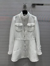 2025夏秋欧洲站白色小香风立领软呢薄款单排扣粗花呢中长款外套女