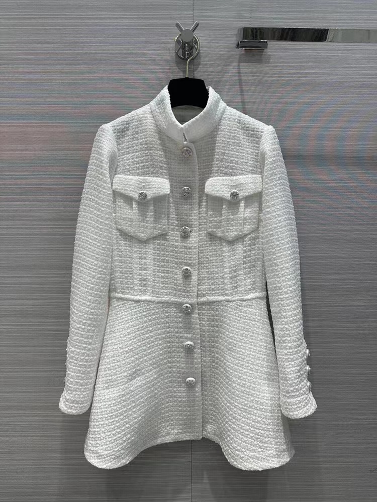 2025夏秋欧洲站白色小香风立领软呢薄款单排扣粗花呢中长款外套女