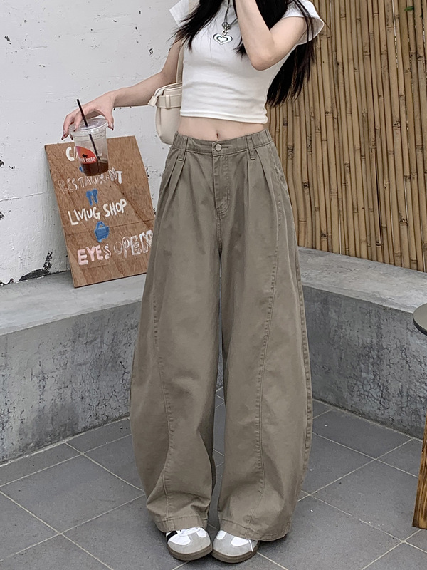 美式复古卡其色弯刀裤做旧牛仔裤女秋季显瘦百搭宽松阔腿裤长裤子|undefined