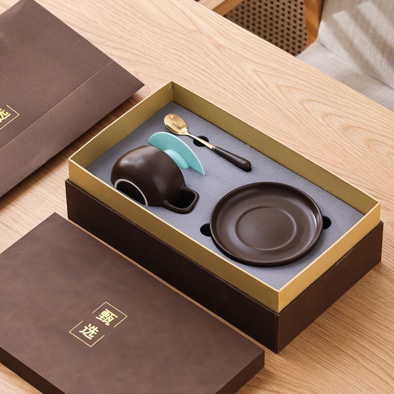 Taza de café en forma de tambor original Taza de moda retro Taza de agua Taza con platillo Cuchara Juego de caja de regalo al por mayor