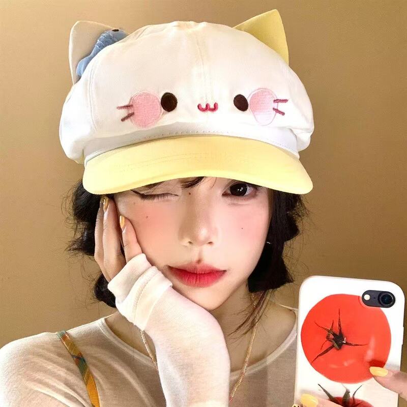 新款日系甜美可爱小鱼猫咪贝雷帽女卡通开学叠穿八角帽显脸小帽子|undefined