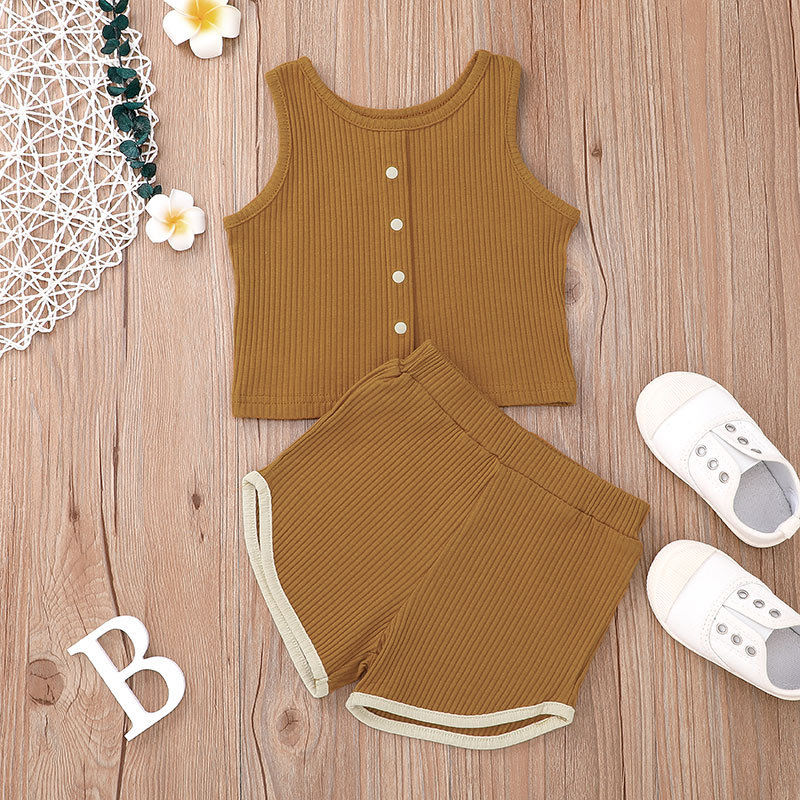 Children's Clothes Korean Fashion Sunken Stripe Suit Children's Solid Color Vest Shorts Two-piece Set Foreign Trade In Stock display picture 14