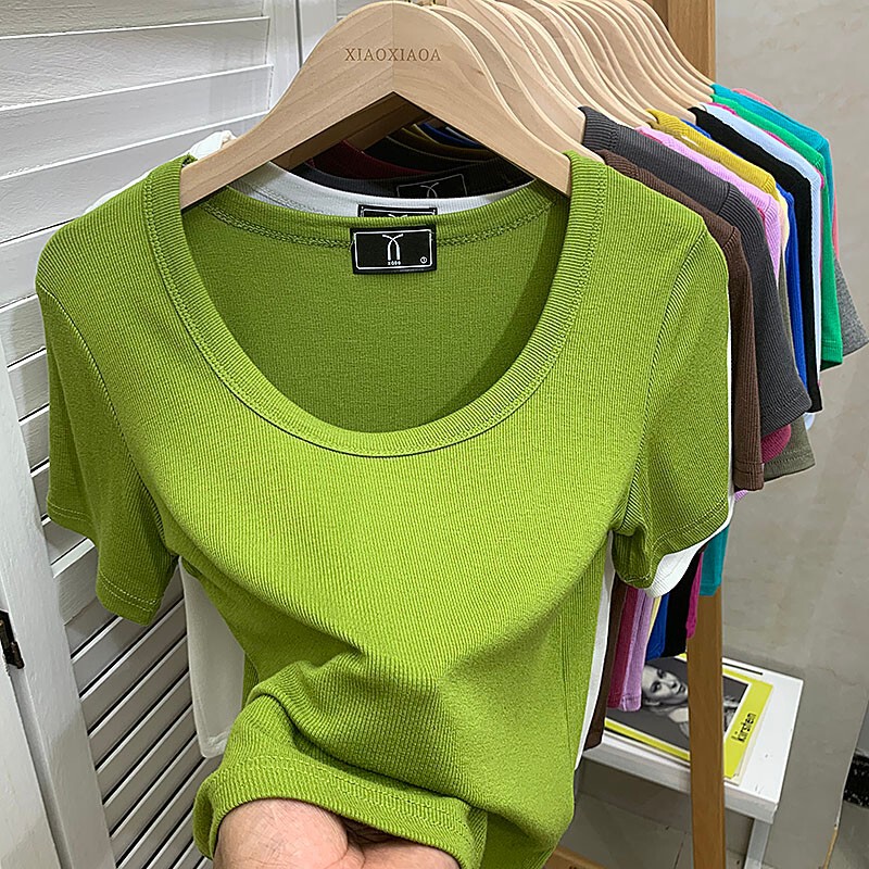 Solid Color Large Size U-Neck Elastic Threaded Short-Sleeved Dark Gray Slim Low-Neck Half-Sleeved T-Shirt Women's Blue Top U-Neck