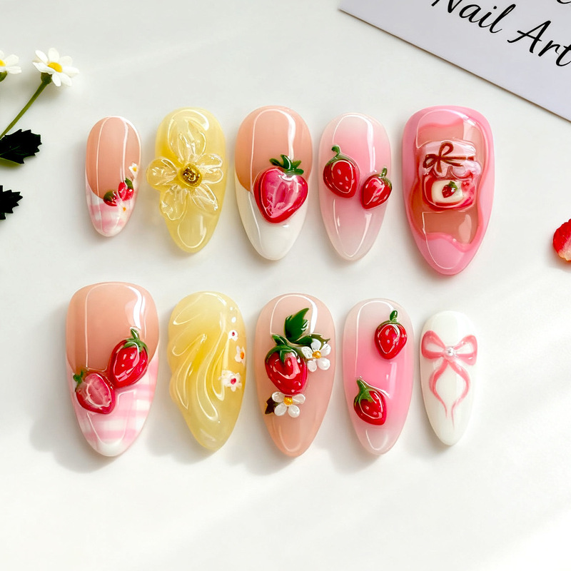30 Pieces of Cross-Border Ins Almond Wearable Nails 3D Stereo Cute Strawberry Drawing Handmade Diamond High-End Manicure Nails 30 Pieces of Cross-Border Ins Almond Wearable Nails 3D Stereo Cute Strawberry Drawing Handmade Diamond High-End Manicure Nails