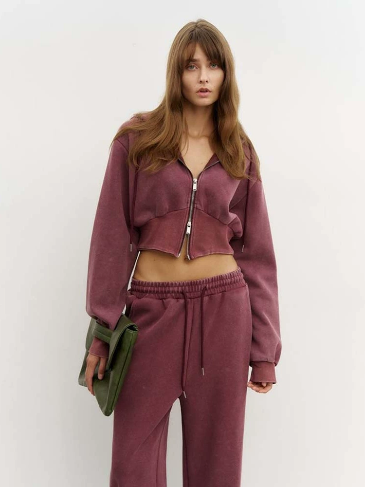 Cropped hooded sweatshirt and casual trousers set, women, 80% cotton, autumn retro style