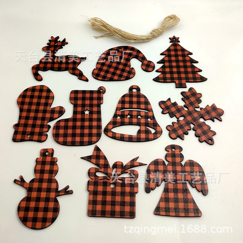 33 piezas de madera de la serie navideña a cuadros negros anaranjados colgante de decoración navideña se pueden combinar libremente 10 piezas en un paquete
