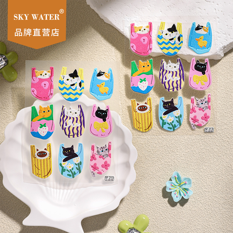 Sky Little Red Book Same Style Cartoon Art Pocket Kitten Embossed Nail Stickers Waterproof Cat Party Nail Stickers