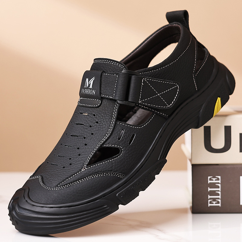 Top Layer Cowhide Leather Sandals Summer New Sandals Fashionable All-match Hole Shoes Trendy Wear-resistant Hollow-out Leather Shoes 28021