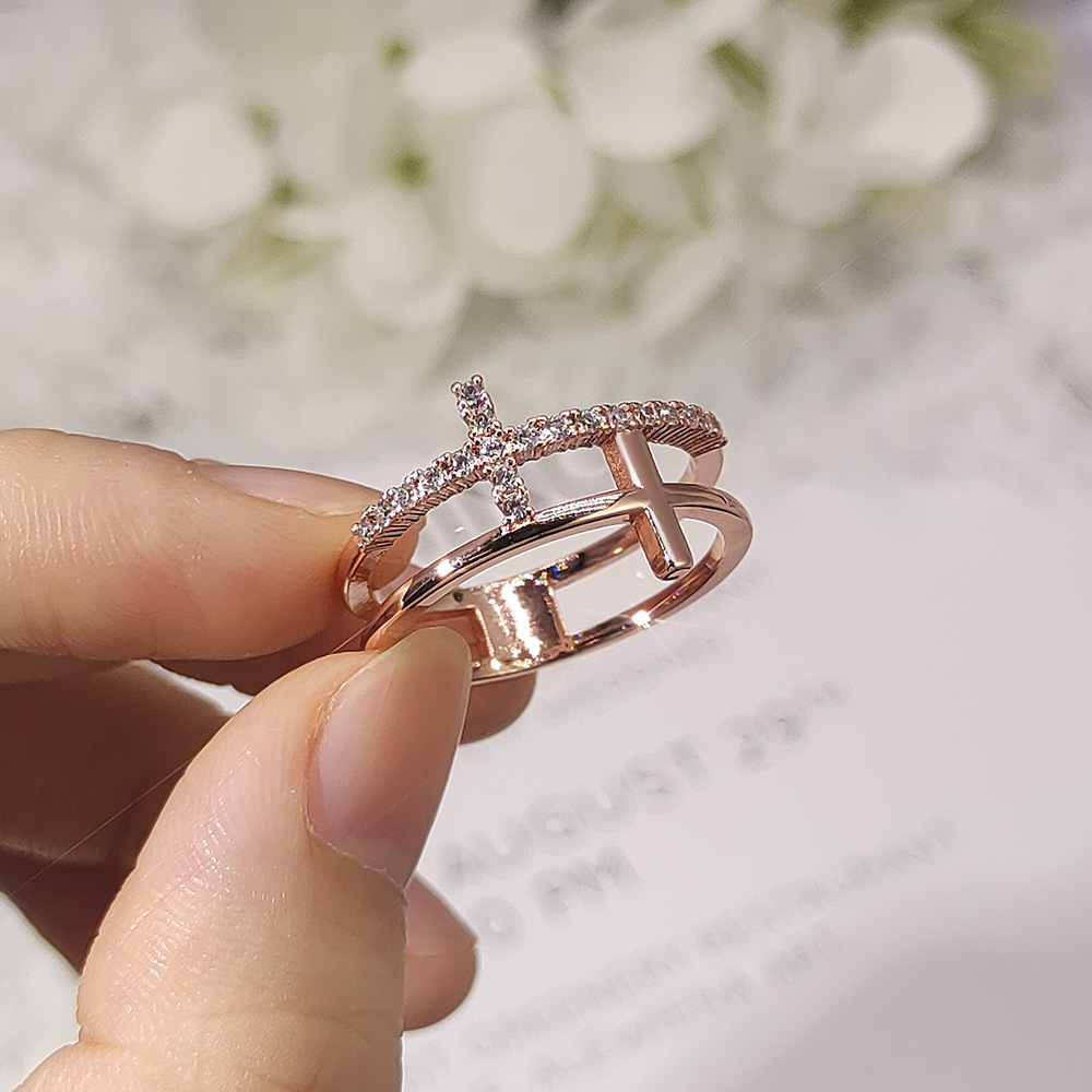 Double Cross Ring Gold Plated Zircon Wedding Ring For Couples_voghion.com